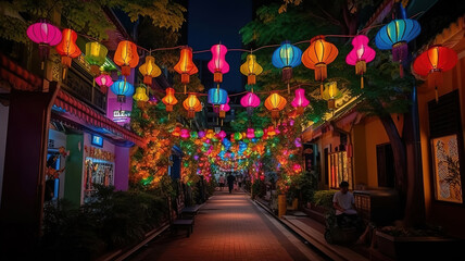 Fototapeta premium colorful lantern, marketplace, mid-autumn festival, Singapore - September 2020. Generative Ai