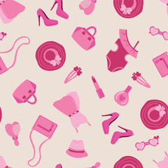 Pinkcore seamless pattern. Nostalgia 2000s. Design for fabric, textile, wallpaper, packaging.	
