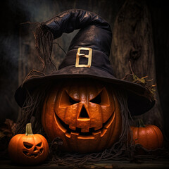 Halloween scene with pumpkins glowing in the spooky night. Halloween Pumpkins and lights