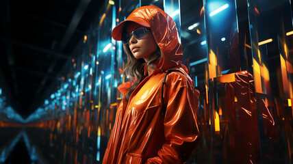 Obraz premium A young girl in a bright neon costume, a concept of the future, futuristic, motherhood