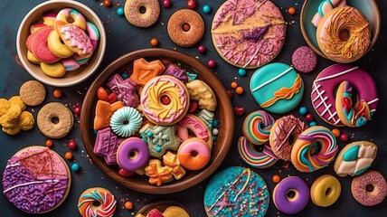 Beautiful gingerbread cookies for a children's party in the form of sweets and candies. Generative Ai