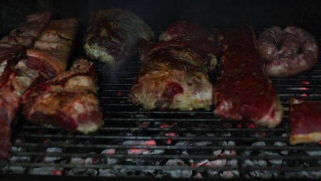 argentine beef marinated with spices freshly placed on the grill