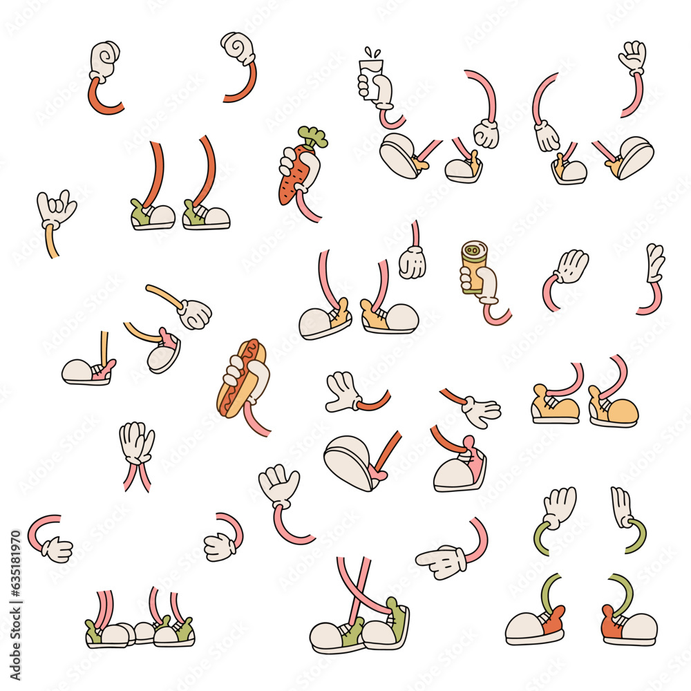 Wall mural retro cartoon hands and legs big set. cute 30-60s vintage animation feet in sneakers and hands in gl