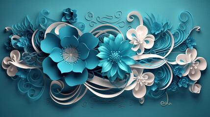 A digital art of a flower frame elegant aqua blue arabesque flowers Generative Ai