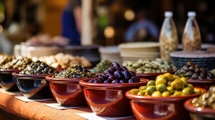 Assortment of olives in bowls at the market.