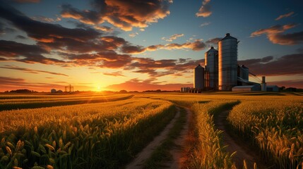 Agricultural landscape with grain silos and road at sunset.