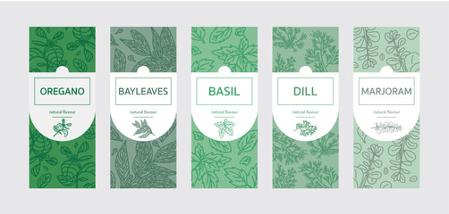 Set of spices, labels for jars and bottles with herbs: oregano, bay leaves, basil, marjoram, dill, herbaceous theme