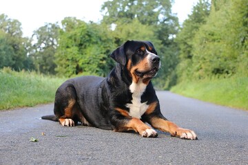 Portrait of a pretty tricolor Greater Swiss Mountain Dog lying on a street