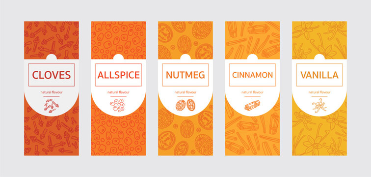 Set of warm and sweet spices, labels for jars and bottles: cloves, allspice, nutmeg, cinnamon, vanilla