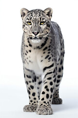 Snow leopard, Panthera uncia, in front of a white background