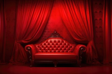 A red sofa in luxury style stands on a red background with copy space for text. Design for a club, casino or cabaret theater © Hope
