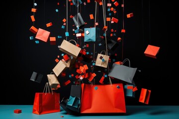 Various of shopping bags on black background, dancing and flying. Season for sales , big shopping, gifts , presents , Black Friday. Market and store , show room full of proposals 