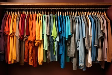 Fashion clothes on clothing rack - bright colorful closet. Closeup of rainbow color choice of trendy female wear on hangers in store closet or spring cleaning concept. Summer home wardrobe.