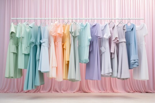 Home wardrobe with Fashion shopping clothes on clothing rack - bright colorful closet. Closeup of rainbow color choice of trendy female wear on hangers in store closet or spring cleaning concept.
