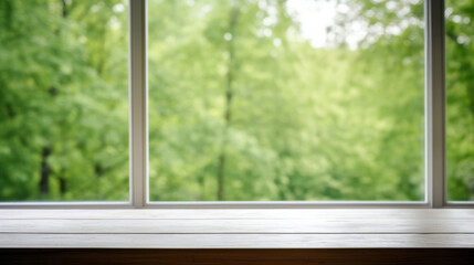 Empty wooden table with a wooden-framed window, a dense forest unfolds background. High quality photo