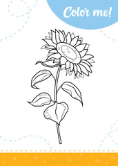 Coloring page for kids with blossoming sunflower. 
A printable worksheet, vector illustration.