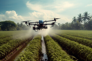 Generative Ai illustration of Drone flying and spraying crop fields with ecological and sustainable pesticides