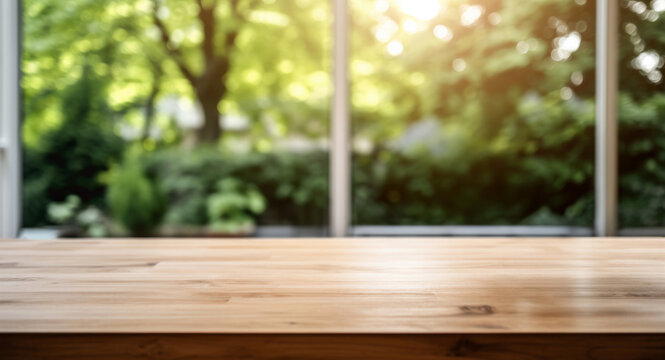 In a sunlit room, a empty wooden table sits by a window, offering glimpses of a blurred garden with lush trees outside. High quality photo