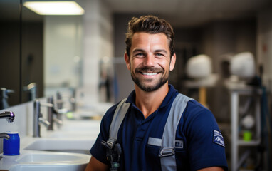 Expertise in the trade: A portrait of a well-versed plumber, showcasing years of know-how. - obrazy, fototapety, plakaty