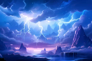 Fotobehang Thunderstorm with lightning on the background of mountains. Art in blue colors © Uliana