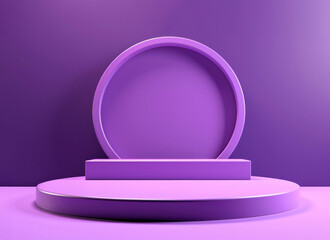 Round podium central purple with pink pedestal pairs with a shelf on a circular purple backdrop. High quality photo