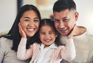 Smile, love and portrait with family on sofa for happy, bonding and support. Hug, happiness and...