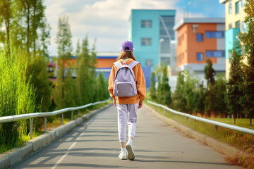Teen Girl in Orange Sweatshirt and Lavender Joggers Heading to School