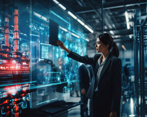 Futuristic Factory: Lady Pointing at Tablet in Industrial Setting