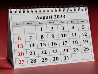 August 2023. One page of the annual business desk monthly calendar