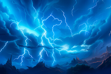 Lightning bolts on a blue background. Thunder pattern, background or wallpaper - obrazy, fototapety, plakaty