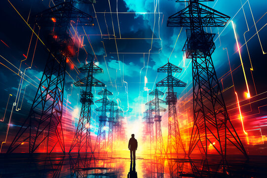 Power lines and a dark human silhouette art in bright colors