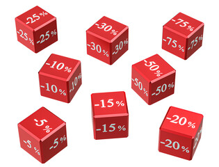 Cubes with different discounts for sale. Figures with percentages. Isolated on transparent png