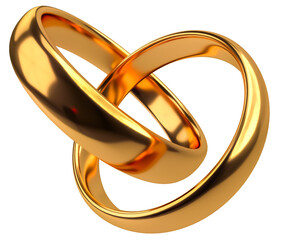 Illustration of two wedding gold rings isolated on transparent png background. Unity and love concept
