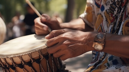 Sacred drums during spiritual singing. a sunny day in a public park as people celebrate culture. Generative Ai