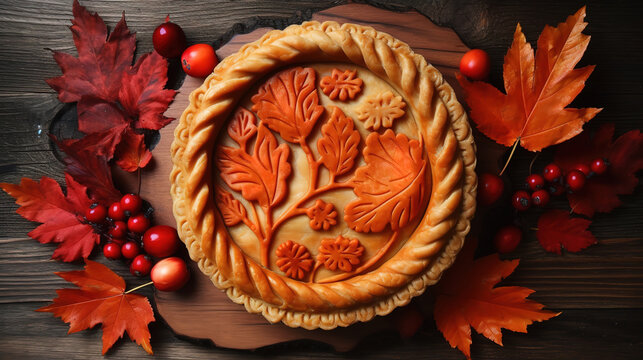 Thanksgiving day concept.Slice of meat pie Tourtiere,Autumn maple leaves. Generative Ai