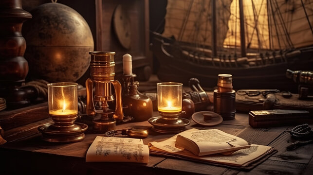 Pirate ship, treasure map, treasure chest full of gold and a compass on a wooden table background. Generative Ai