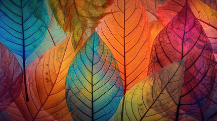 Autumnal composition of transparent colorful leaves, Beautiful pattern. Generative Ai