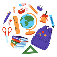 Collection of school stationery in flat cartoon style. Set of hand drawn accessories for study, student equipment. Back to school concept.