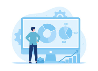 Manager controls business development on monitor screen concept flat illustration