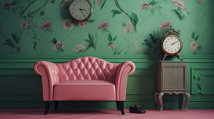 Interior detail with pink shoes, Devil's Ivy on a love seat. Generative Ai