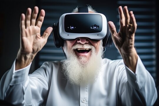 Senior business man attending a conference using a VR headset. Generative AI