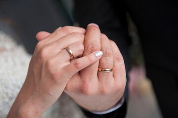 Hands of newlyweds with wedding rings