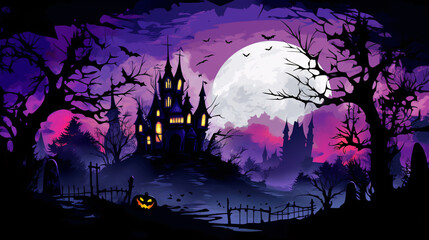 Spooky Halloween night with a full moon and silhouettes of haunted houses - perfect for creating eerie Halloween party invitations!