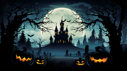 Fototapeta na wymiar Spooky Halloween night with a full moon and silhouettes of haunted houses - perfect for creating eerie Halloween party invitations!