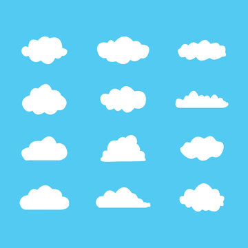Set of clouds. Set of different clouds on blue background. Collection of cloud icon, shape, label. Vector