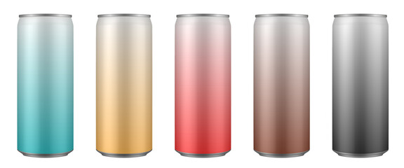 Set of white, red, yellow, green, brown and black tin cans of energy drink, juice or soda. Cocktail of fitness drink. Cold beverages. Gradient colors