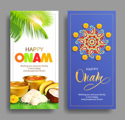 Greeting banners with traditional food (sadya) and pookolam (pattern) for South Indian harvest festival Onam. Vector set.