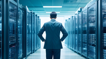 IT Engineer in big database server center office. Big cloud data center computer networking server room with racks of hardware. High Speed Data Transfer, Server Transfer, Technology. Generative AI 