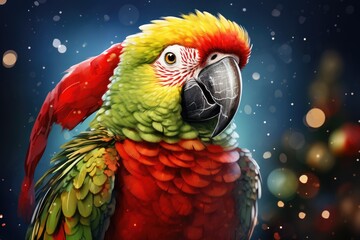 christmas parrot surrounded by colorful christmas ornaments