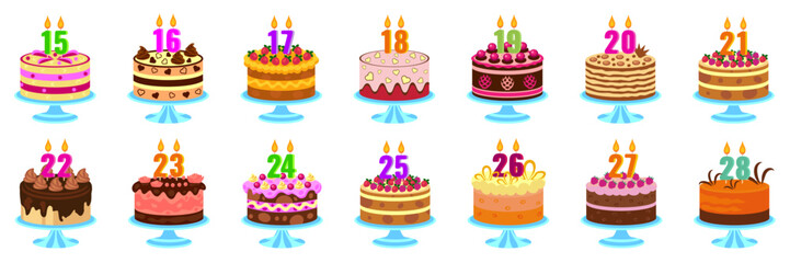 Set of vector colored different cakes with burning candles for birthday, holiday, anniversary, celebration.
